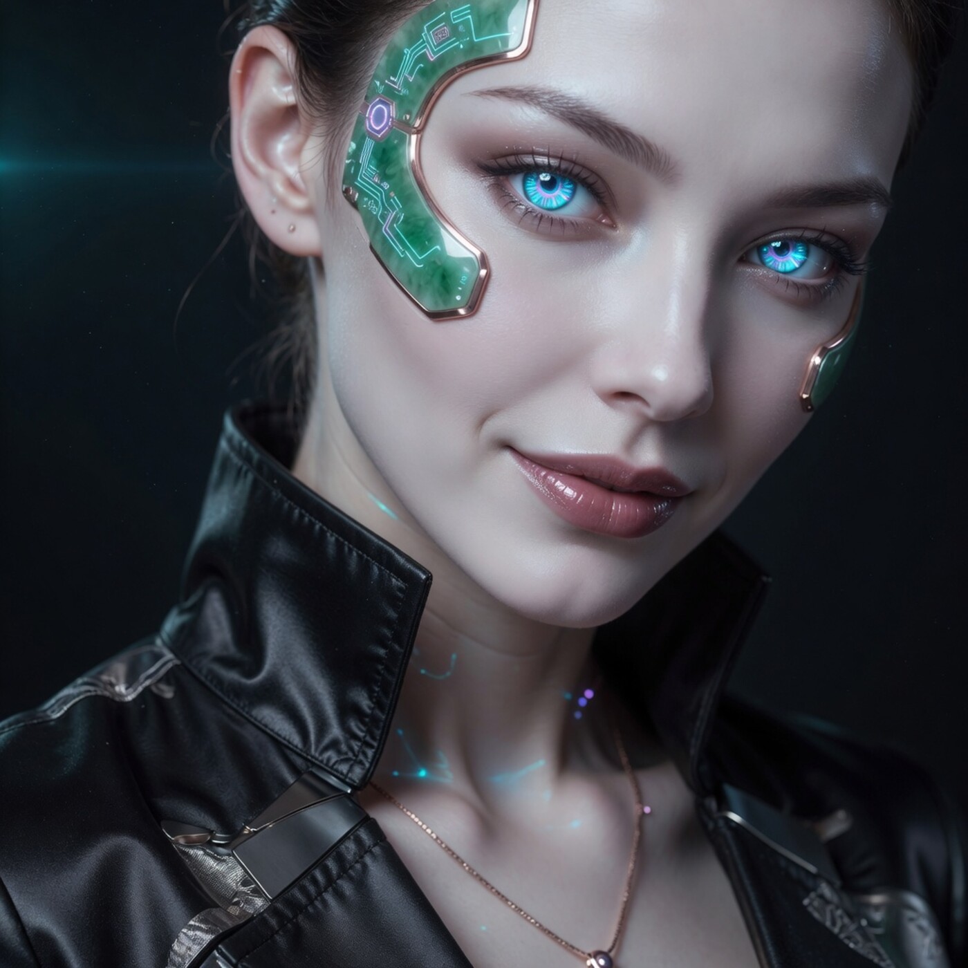 AI hybrid close-up with jade circuit temple and cyan iris