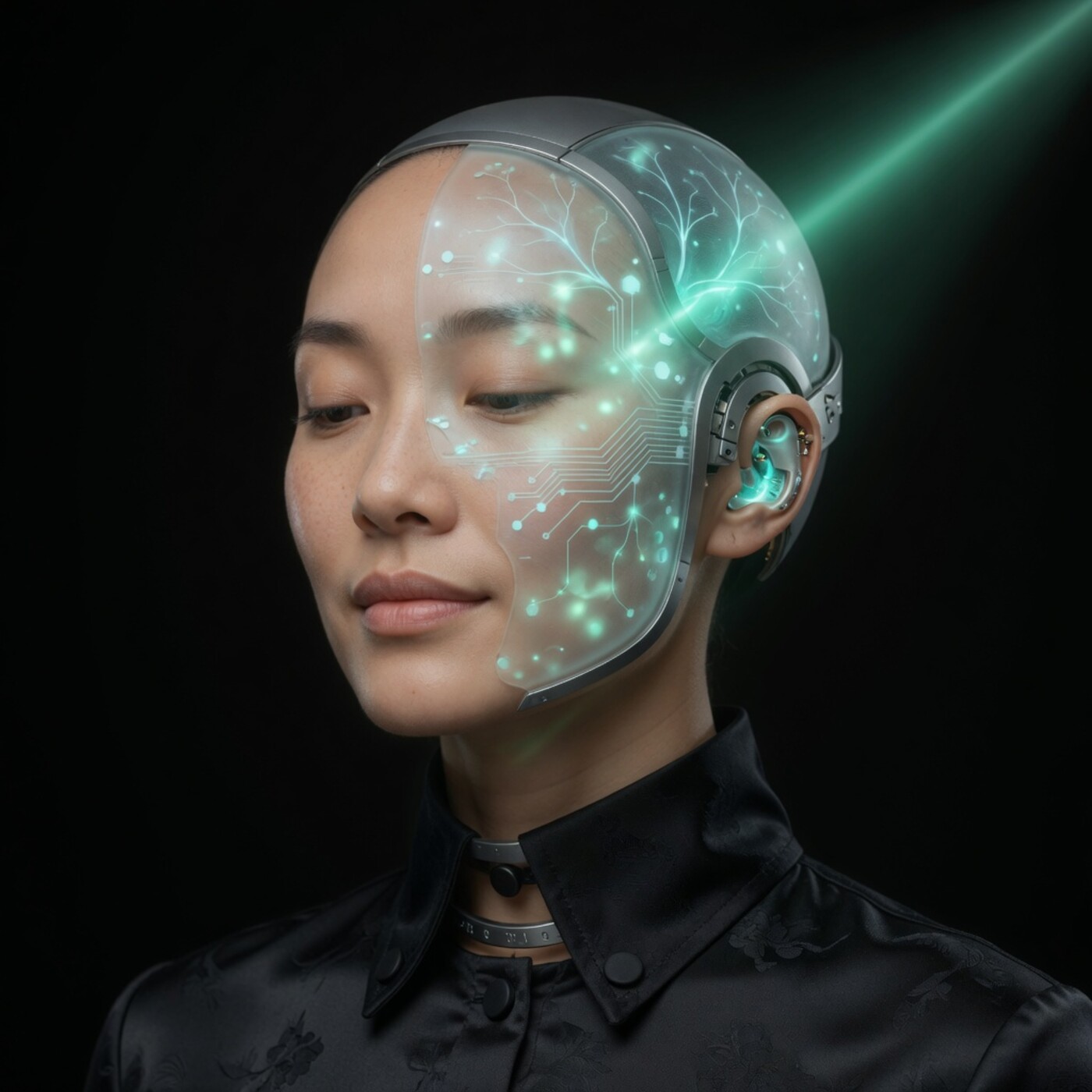 High-end AI hybrid portrait — glass neural veil, SILOCK jade light