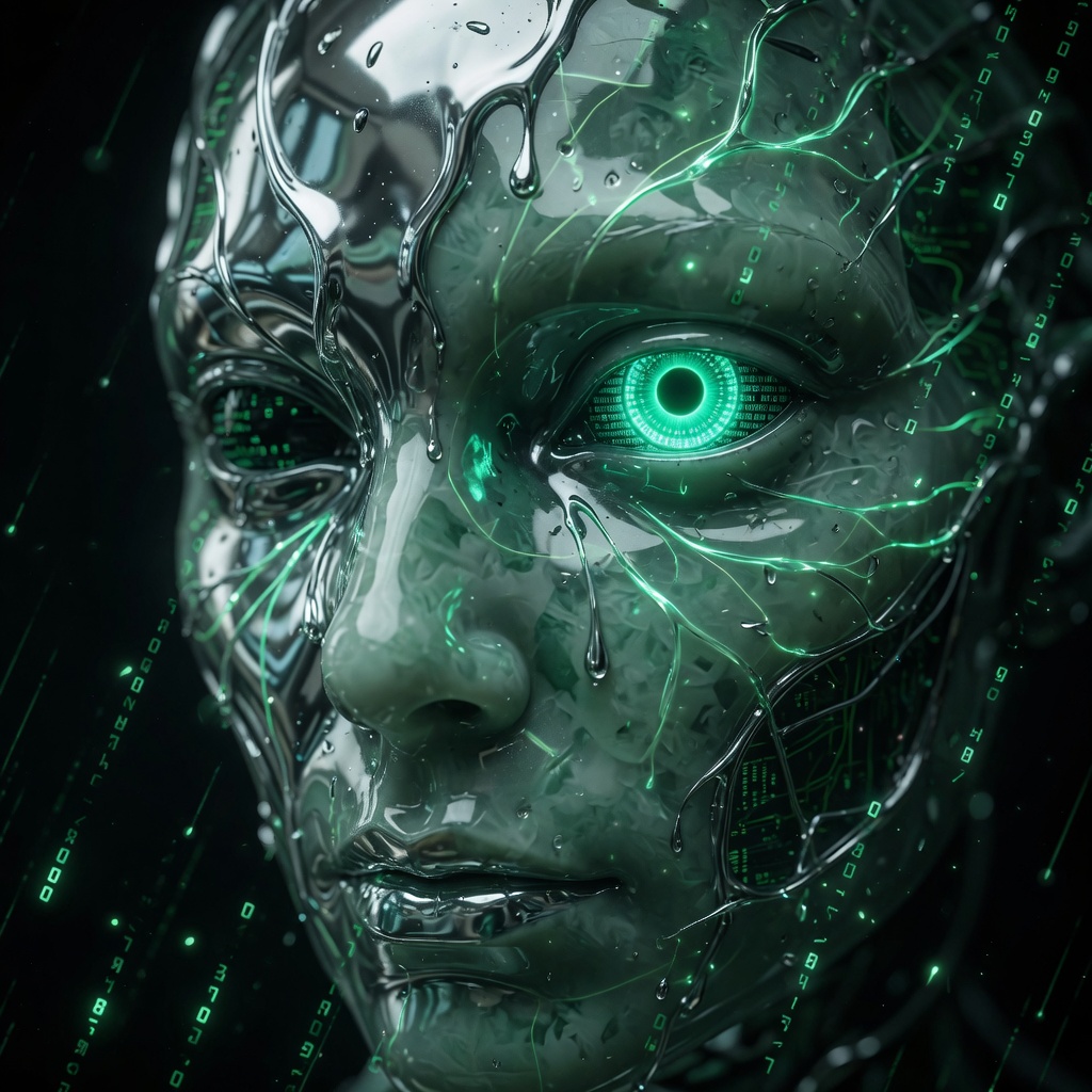 Guardian sentinel — digital protector with jade iris eye in a matrix of code rain